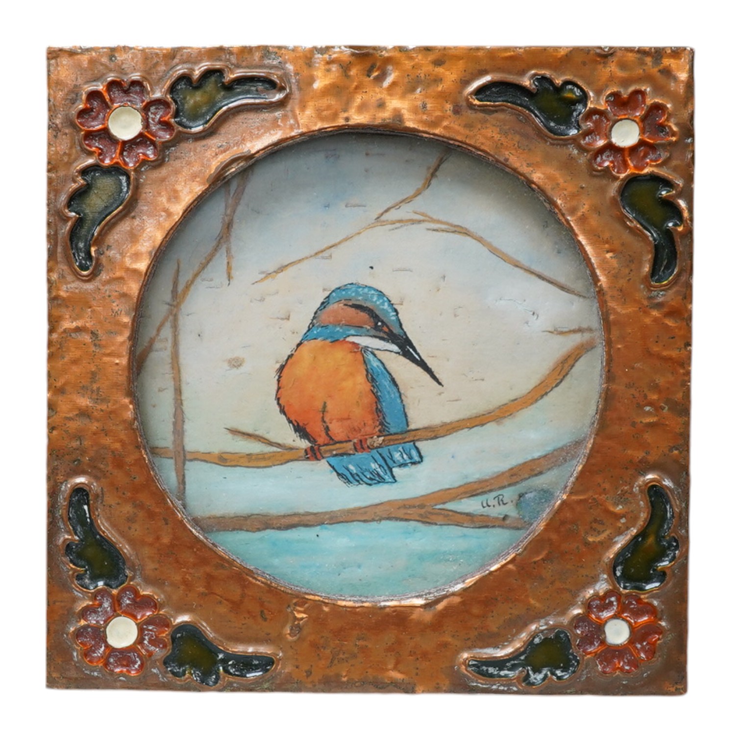 U. Recklington R.A., oil of a perched kingfisher, housed in a planished and painted copper frame, 11cm sq. Condition- fair to good